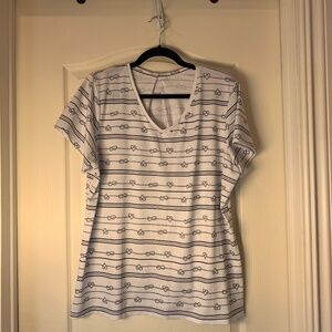 Nautical V-Neck Women’s XL Top Blue White Rope Knot Print Metallic Neckline